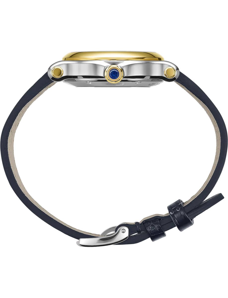 Side view of Chopard wristwatch wiht 18k yellow gold and stainless steel case and blue alligator leather strap