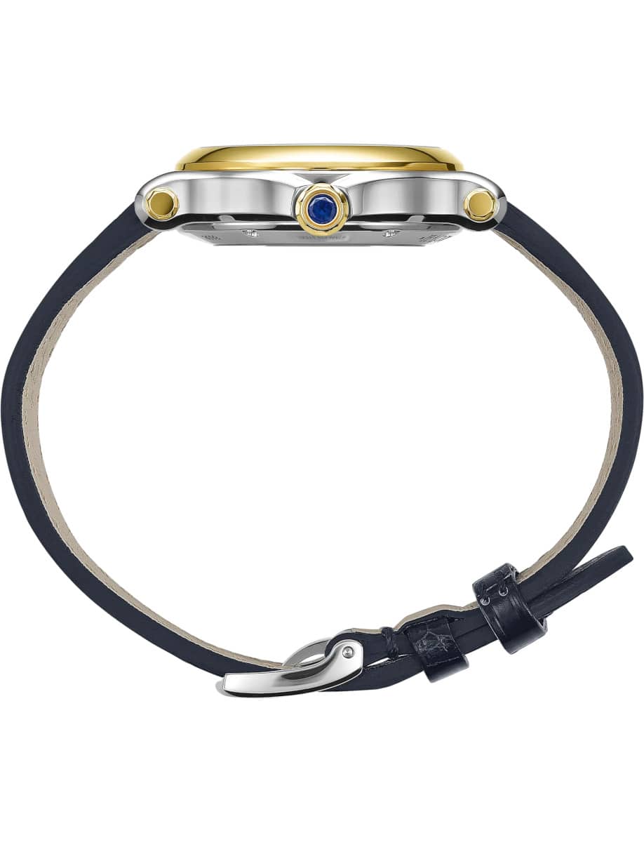 Side view of Chopard wristwatch wiht 18k yellow gold and stainless steel case and blue alligator leather strap