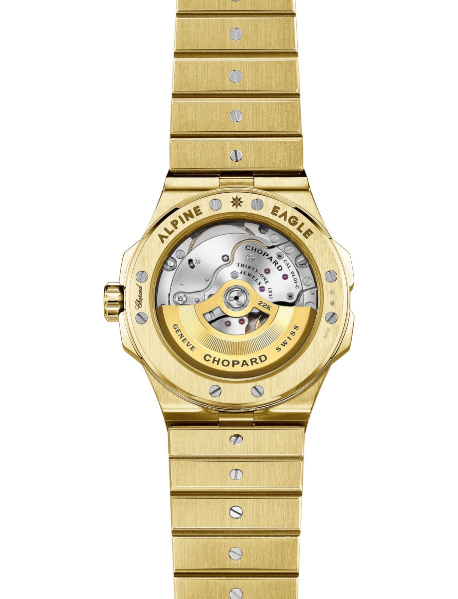 Back view of Chopard wristwatch with 18K ethical yellow gold case and bracelet