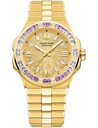 Chopard wristwatch with yellow gold case and bracelet, bezel with colored sapphires, and gold dial.