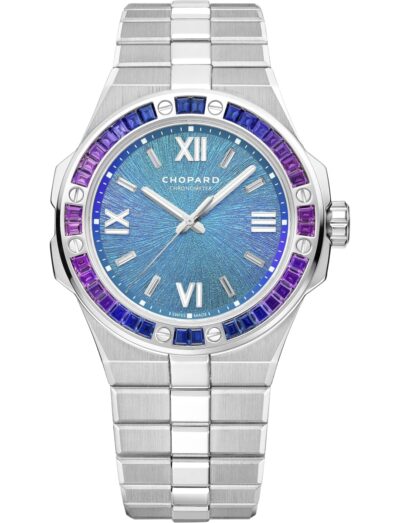 Chopard wristwatch with 18k white gold case and bracelet and colored sapphires on bezel