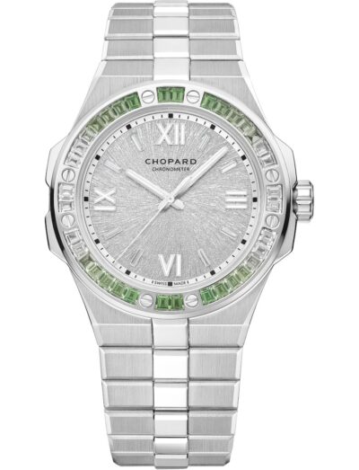 Chopard wristwatch with white gold case and bracelet, bezel with tsavorites and white sapphires, and grey dial.