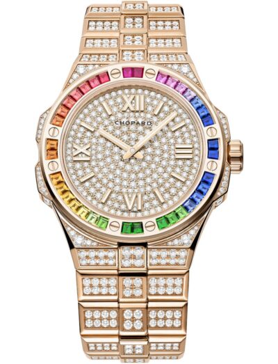 Chopard wristwatch with rose gold case and bracelet with diamonds, bezel with colored sapphires and rose gold dial with diamonds.