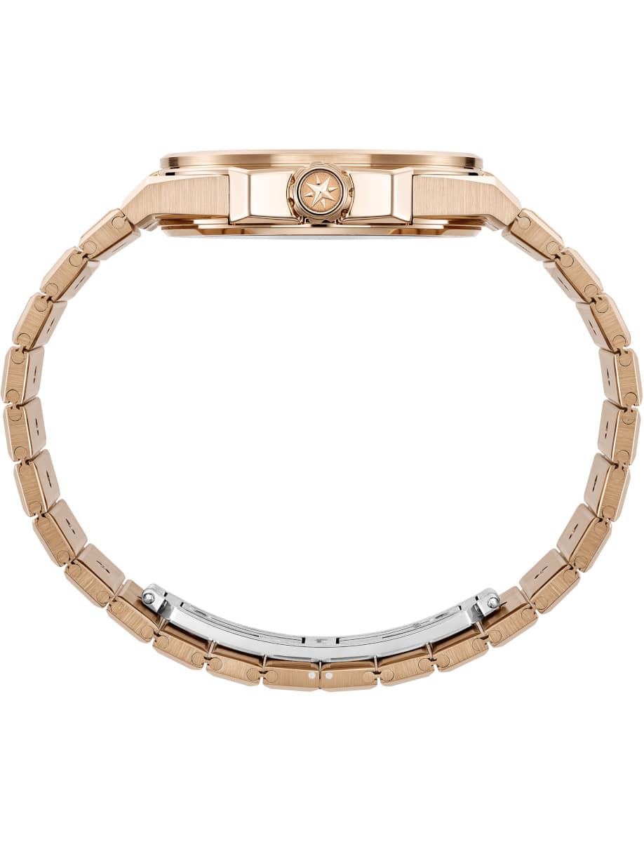 Side view of Chopard wristwatch with 18k rose gold case and bracelet.