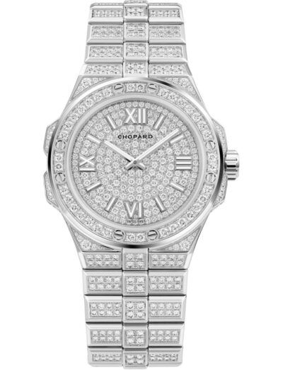 Chopard wristwatch with white gold case and bracelet with diamonds, and white gold dial with diamonds.