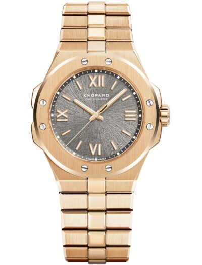 Chopard wristwatch with 18K rose gold case and bracelet, gray dial.