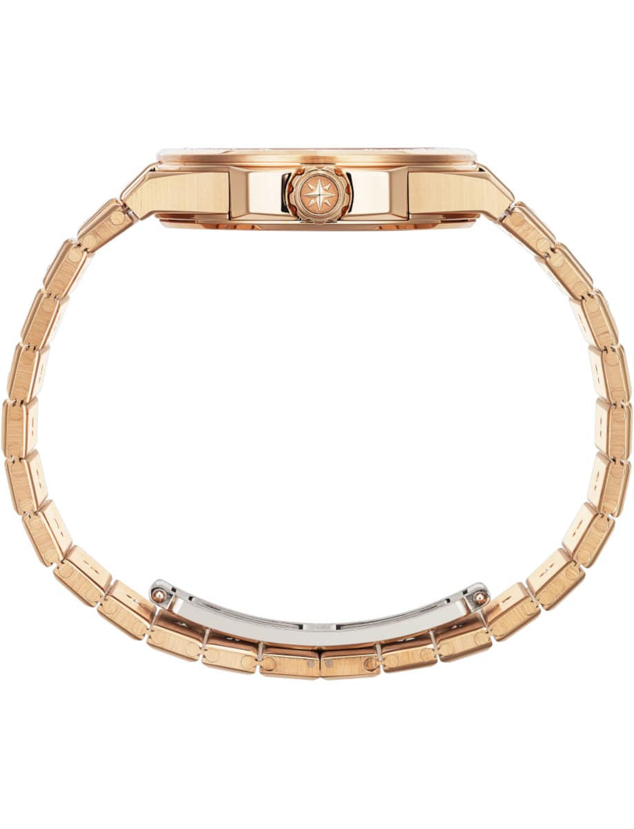 Side view of Chopard wristwatch with 18K rose gold case and bracelet.