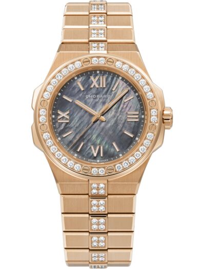 Chopard wristwatch with 18K rose gold case and bracelet with diamonds, and gray mother-of-pearl dial.