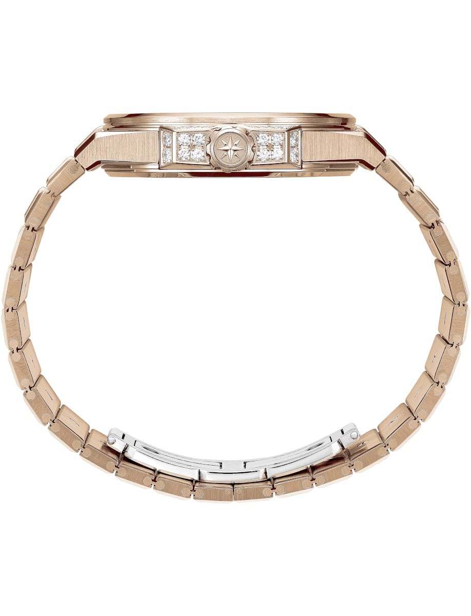 Side view of Chopard wristwatch with rose gold case and bracelet.