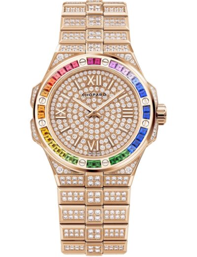 Chopard wristwatch with rose gold case and bracelet with diamonds, bezel with colored sapphires and rose gold dial with diamonds.