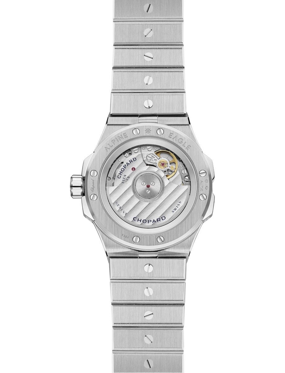 Back view of Chopard wristwatch with 18K ethical white gold and diamond case and bracelet