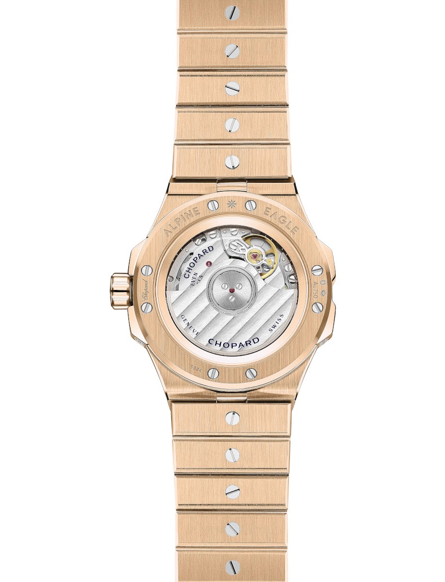 Back view of Chopard wristwatch with 18K ethical rose gold and diamonds case and bracelet