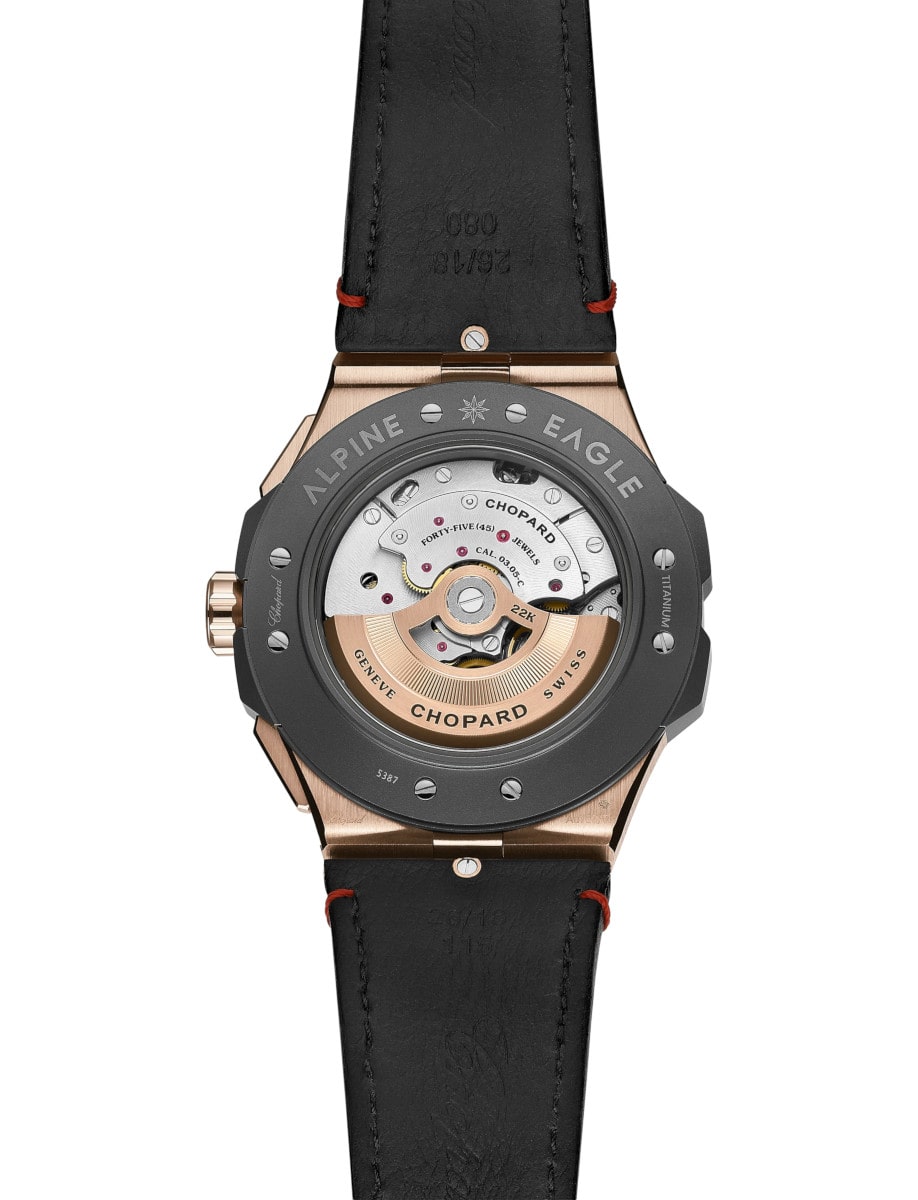 Back view of Chopard wristwatch with 18k rose gold and titanium case and black calfskin strap