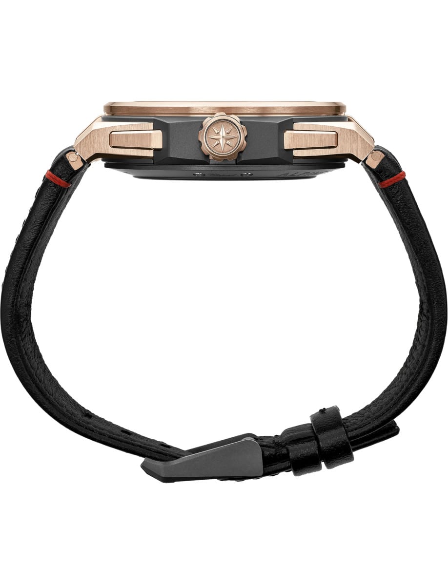 Side view of  Chopard wristwatch with 18k rose gold and titanium case and black calfskin strap