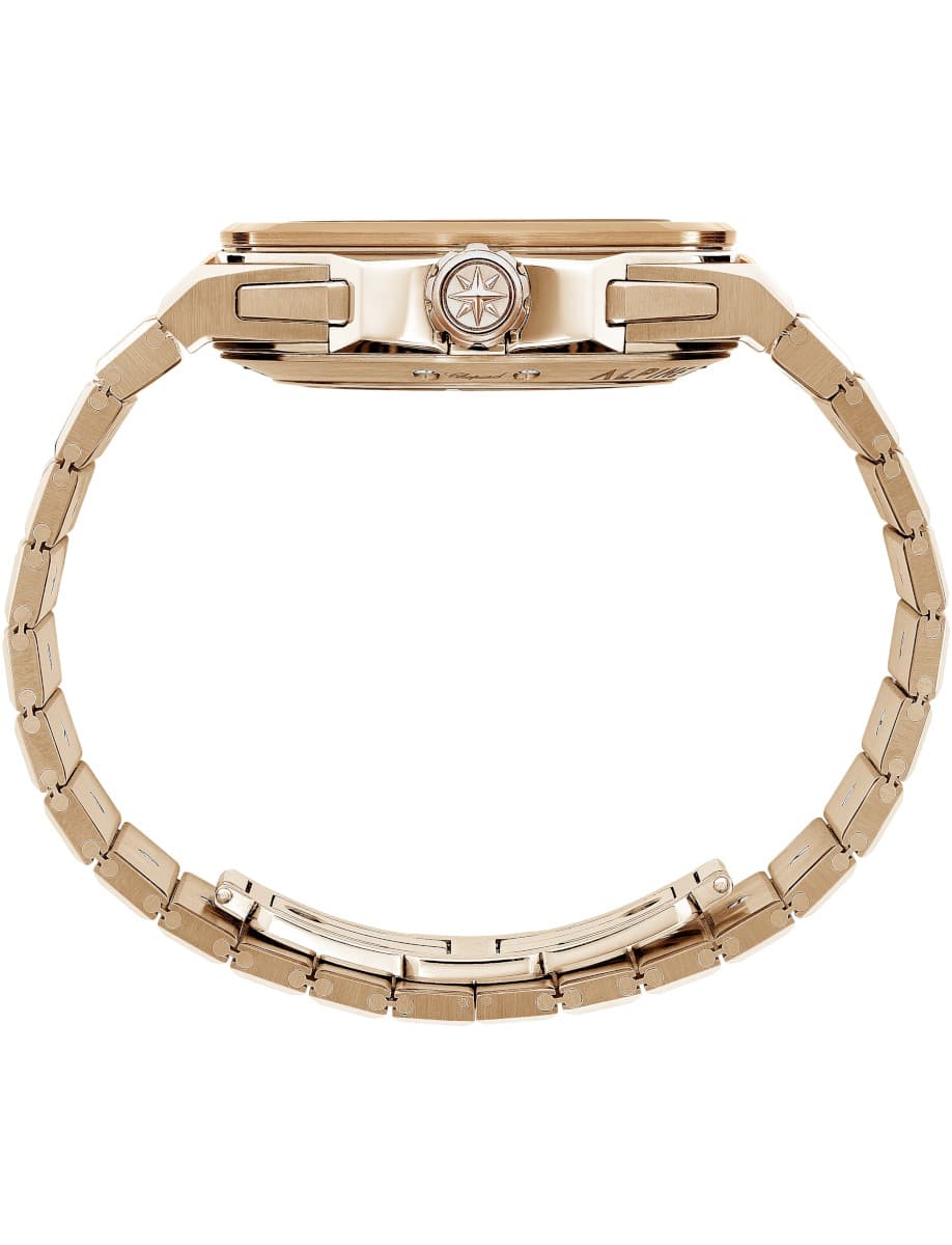 Side view of Chopard wristwatch with 18K rose gold case and bracelet.