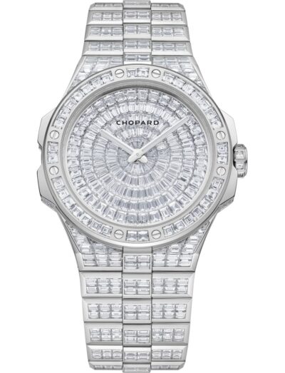 Chopard wristwatch with white gold case and bracelet with diamonds, and white gold dial with diamonds.