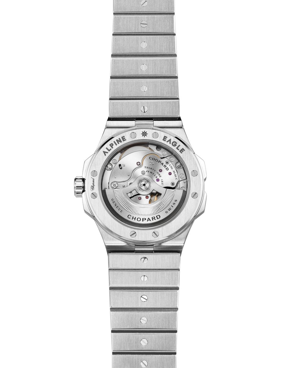 Back view of Chopard wristwatch with stainless steel case and bracelet and  transparent caseback