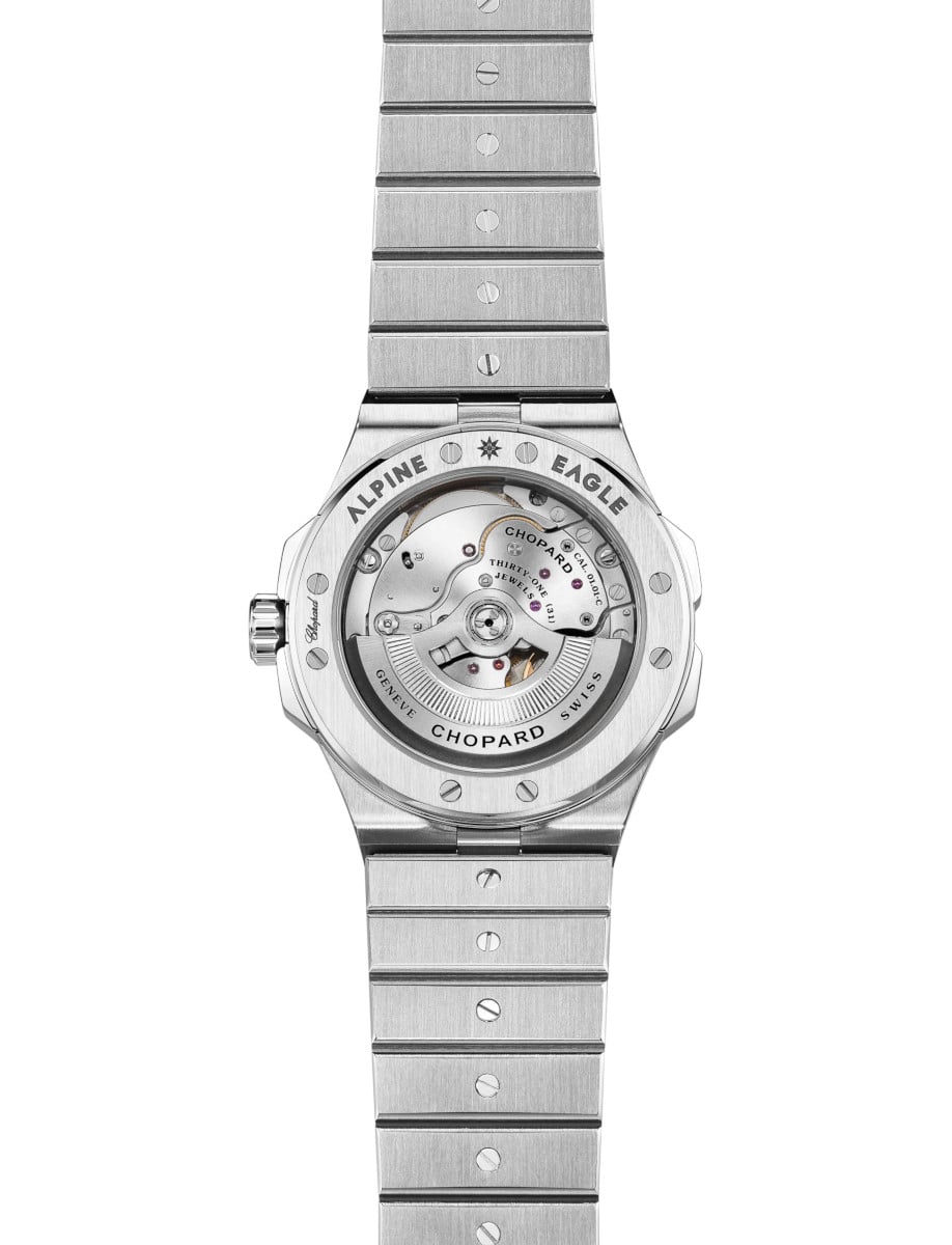 Back view of Chopard wristwatch with stainless steel case and bracelet and transparent caseback