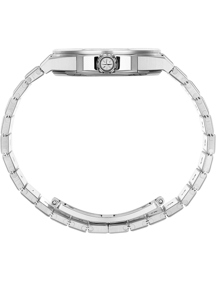 Side view of Chopard wristwatch with stainless steel case and bracelet.