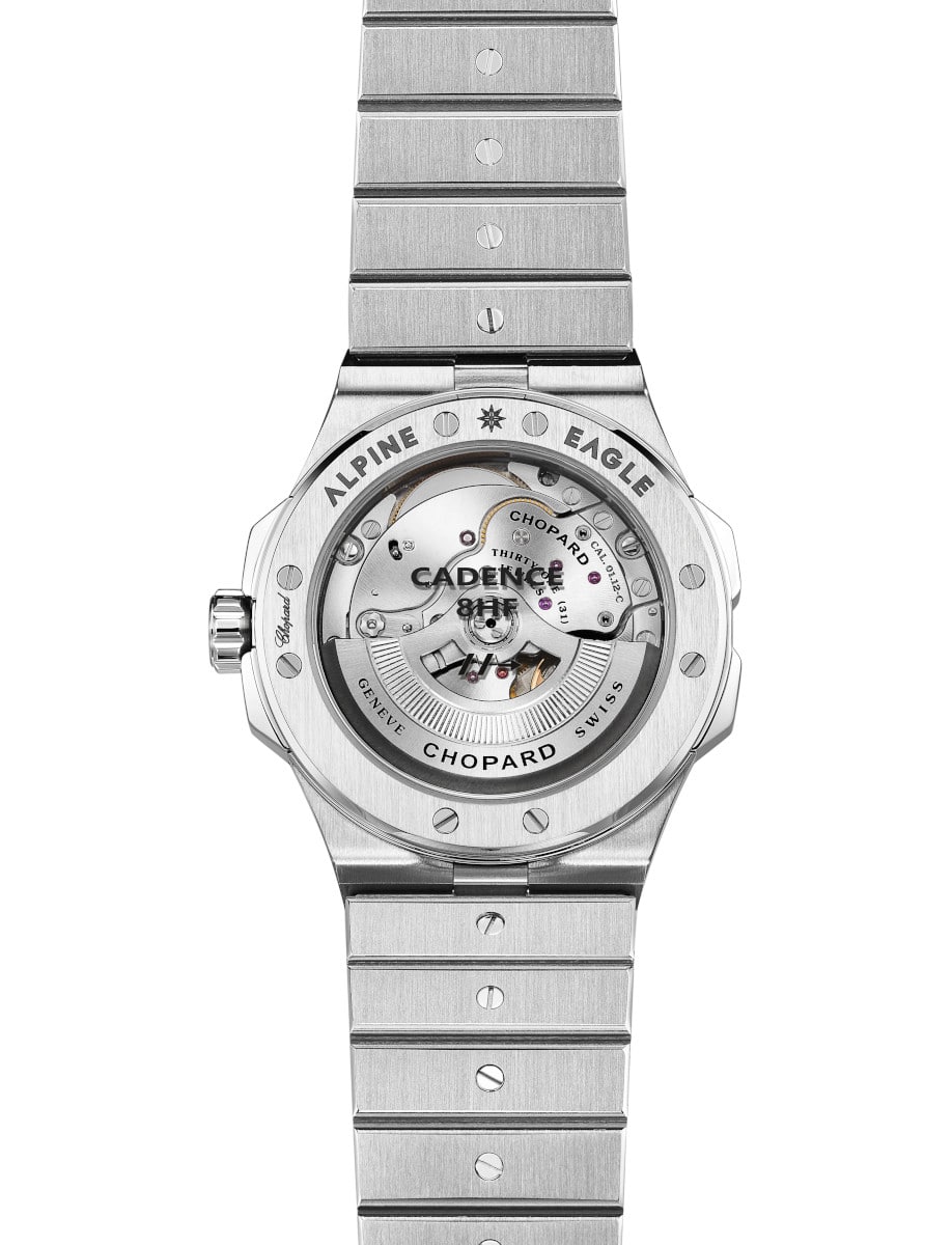 Back view of Chopard wristwatch with titanium case and bracelet, and transparent case back.