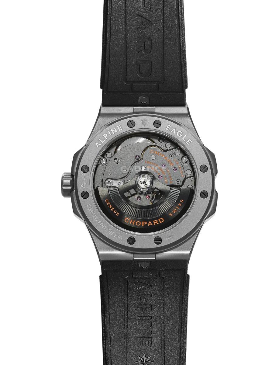 Back view of Chopard wristwatch with titanium case and black rubber strap
