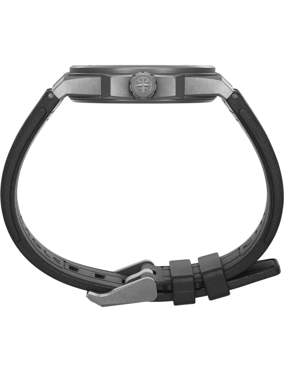 Side view of Chopard wristwatch with titanium case and black rubber strap