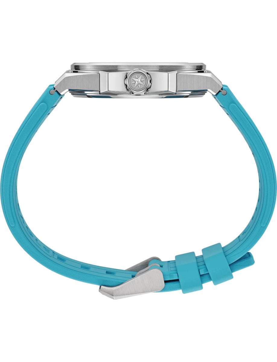 Side view of Chopard wristwatch with stainless steel case and blue rubber