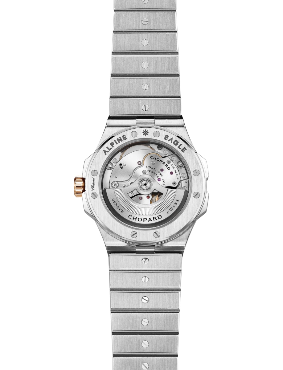 Back view of Chopard wristwatch with 18K ethical rose gold and stainless steel case and bracelet