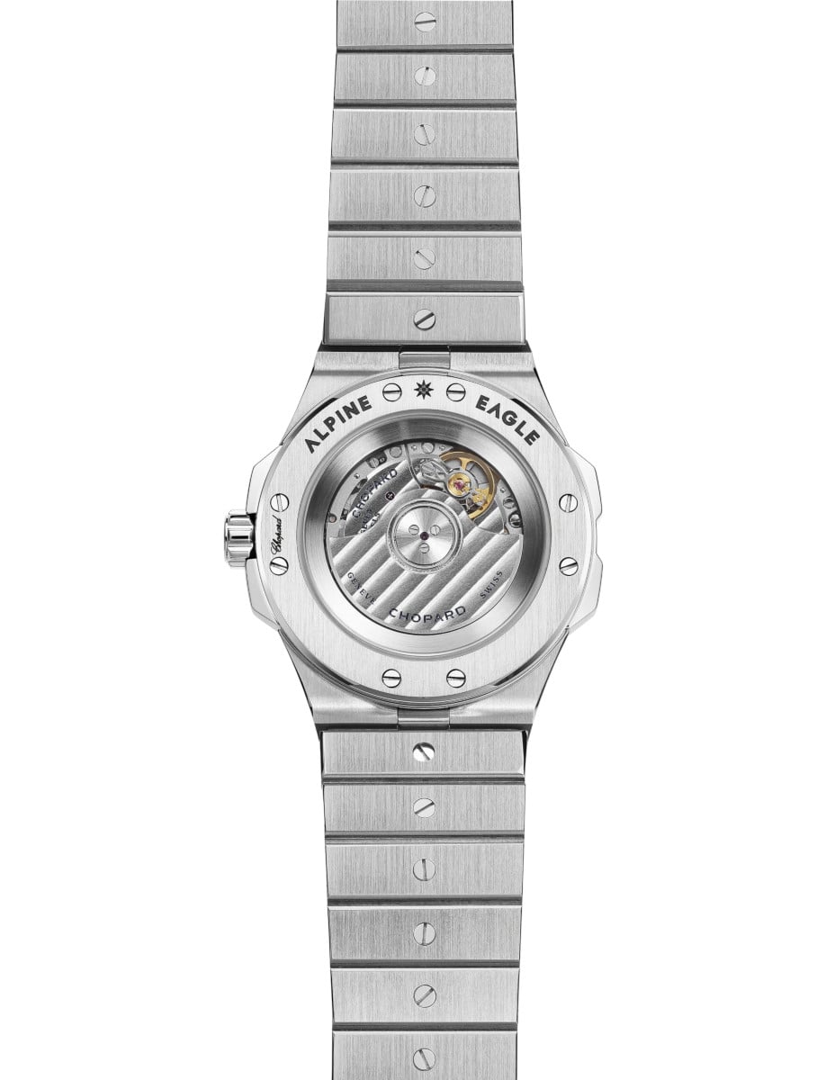 Back view of Chopard wristwatch with stainless steel case and bracelet