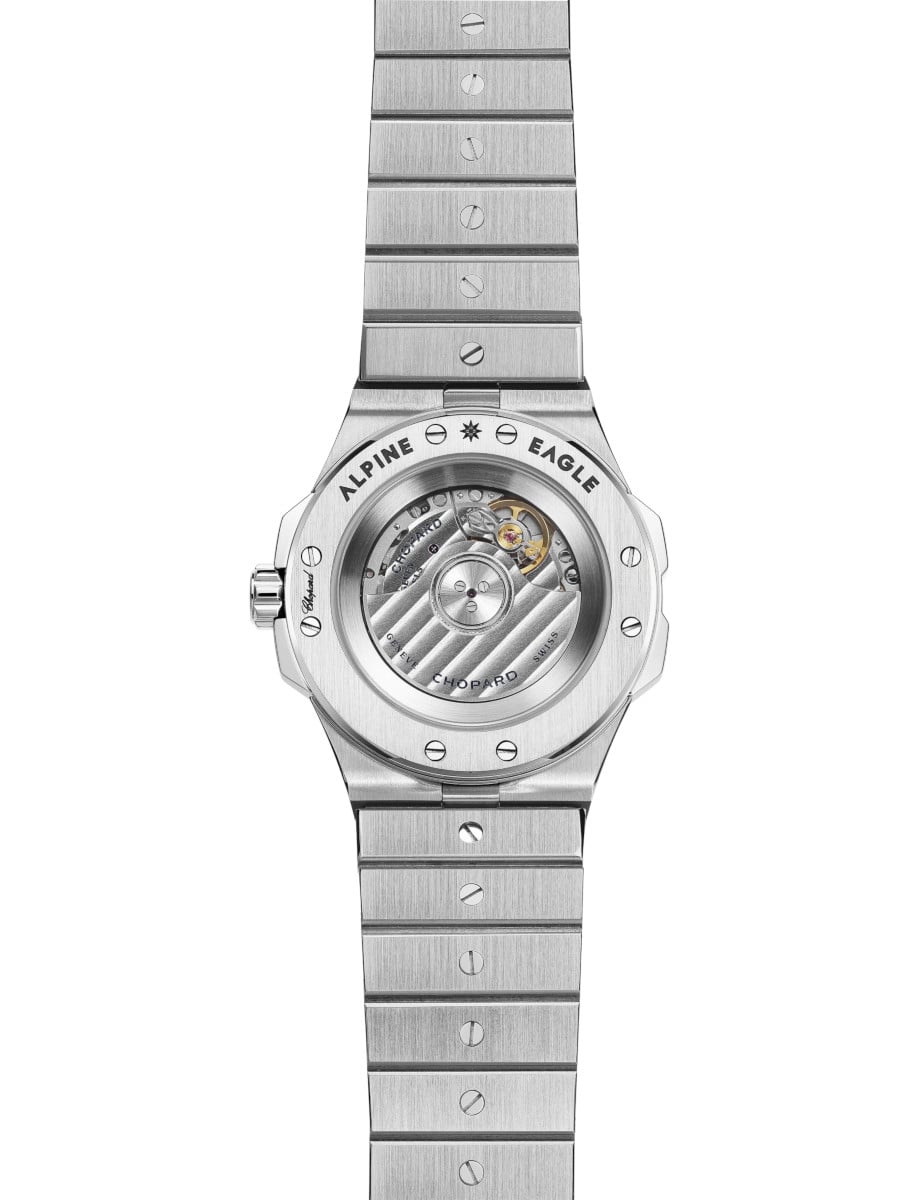 Back view of Chopard wristwatch with stainless steel case and bracelet