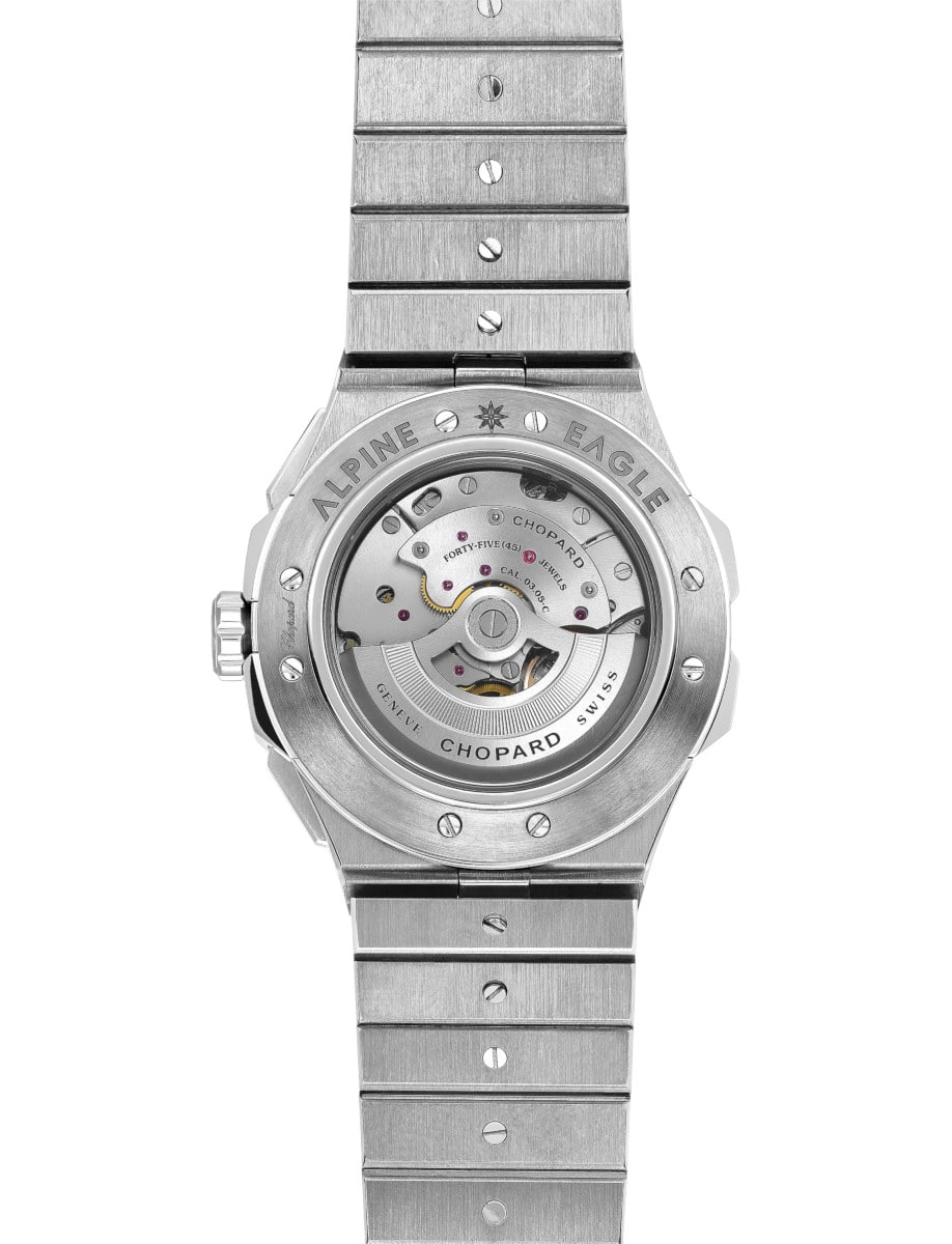 Back view of Chopard wristwatch with stainless steel case and bracelet