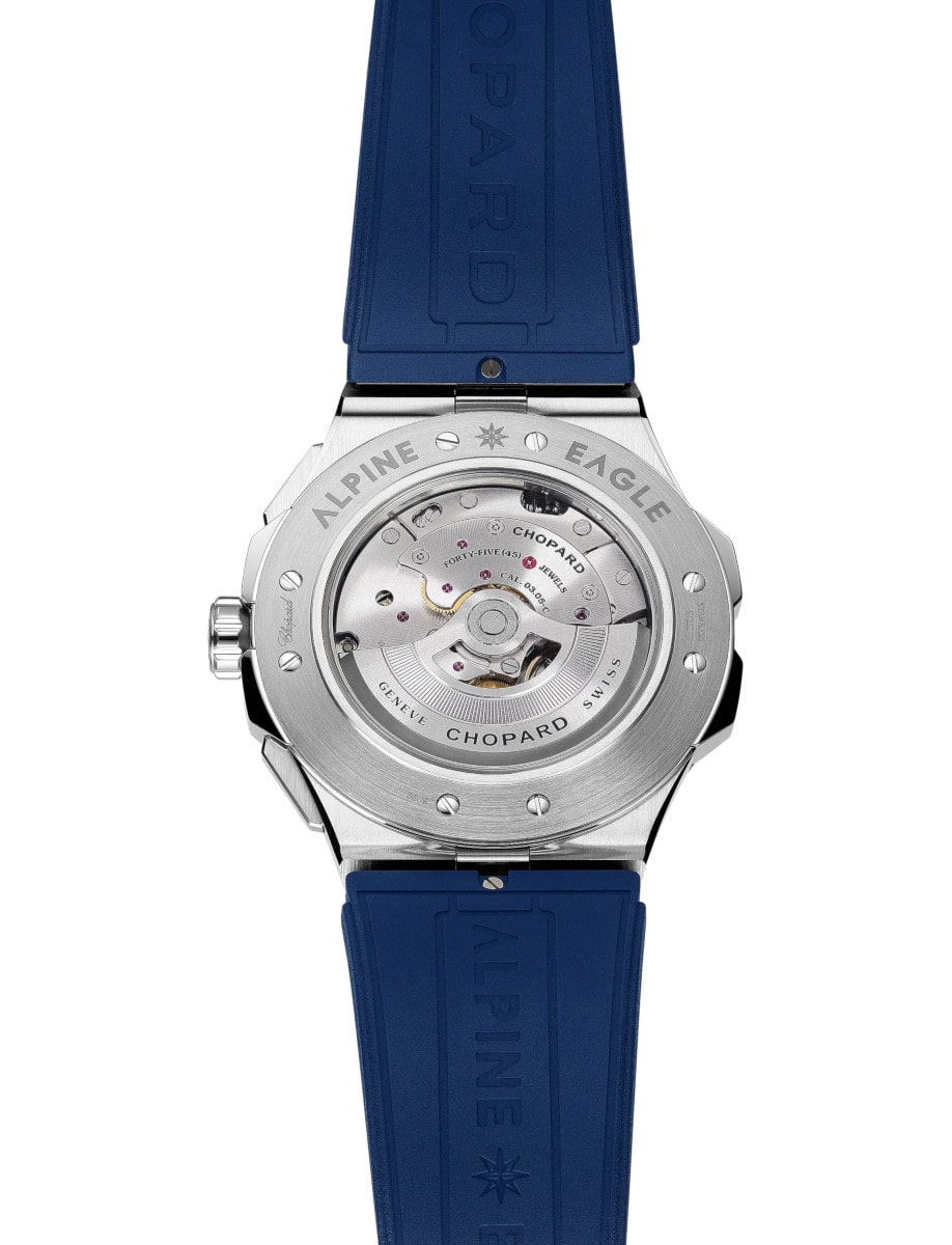 Back view of Chopard wristwatch with stainless steel case and blue rubber strap
