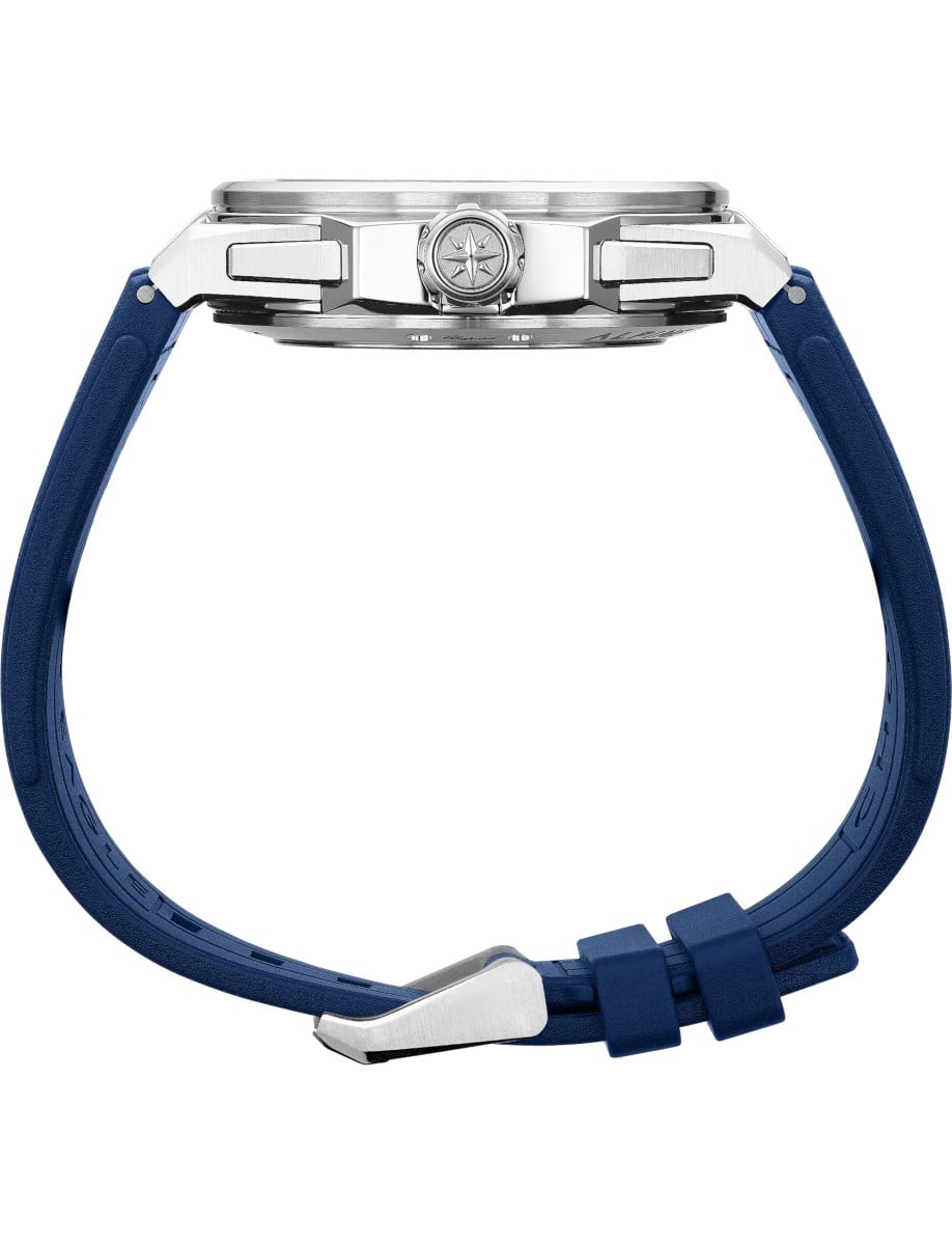 Side view of Chopard wristwatch with stainless steel case and blue rubber strap