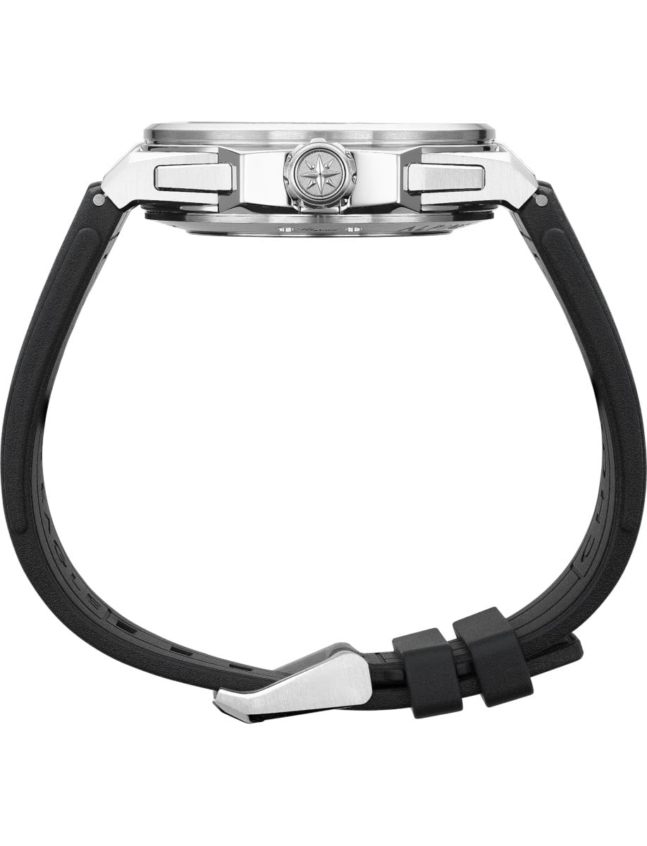 Side view of Chopard wristwatch with stainless steel case and black rubber strap