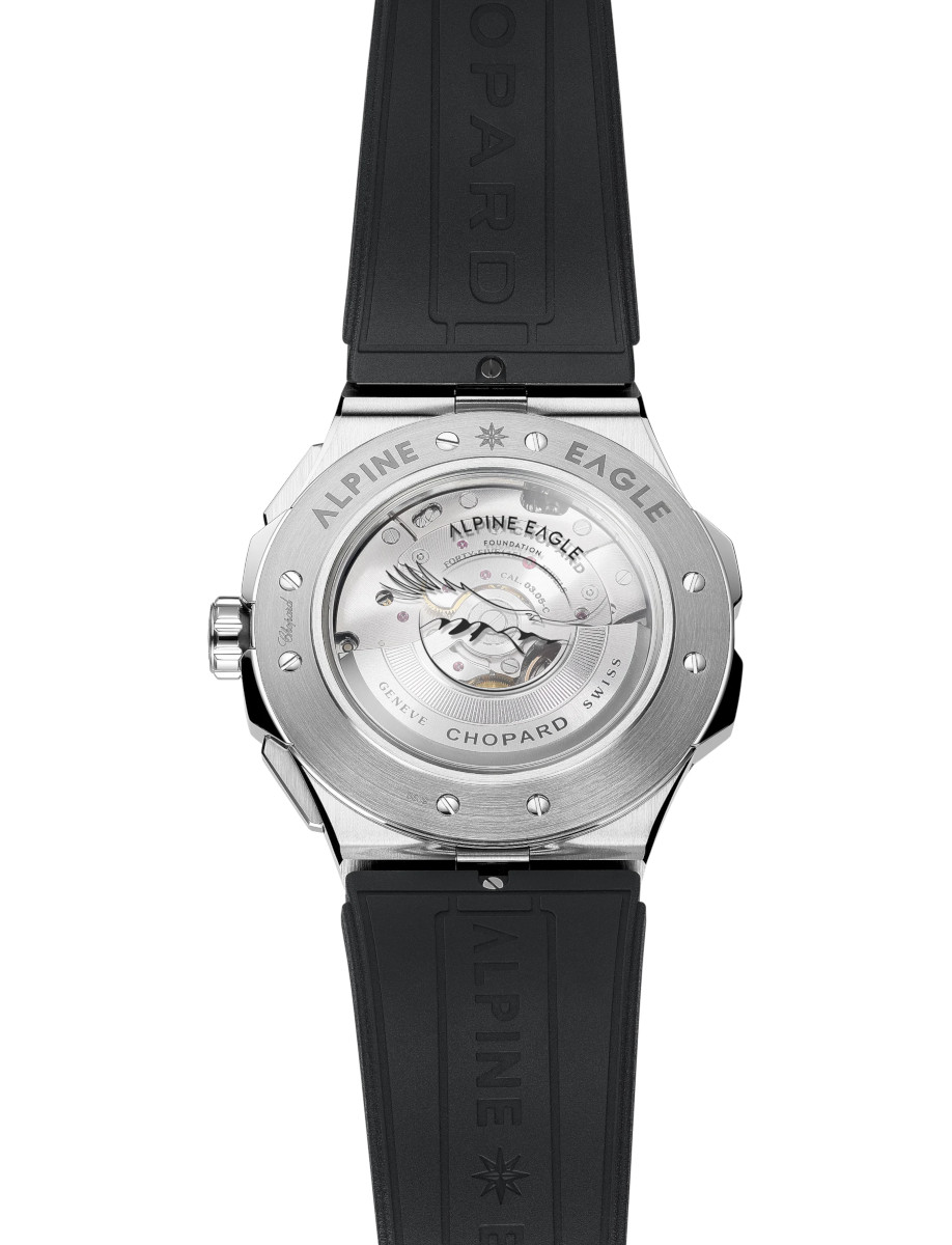 Back view of Chopard wristwatch with titanium case and black rubber strap