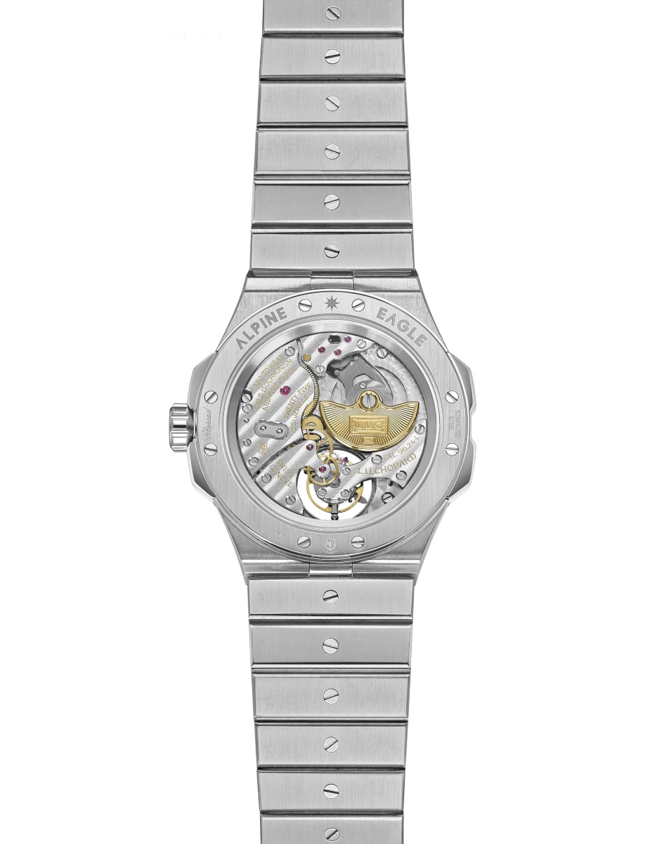 Back view of Chopard with stainless steel case and bracelet and transparent caseback