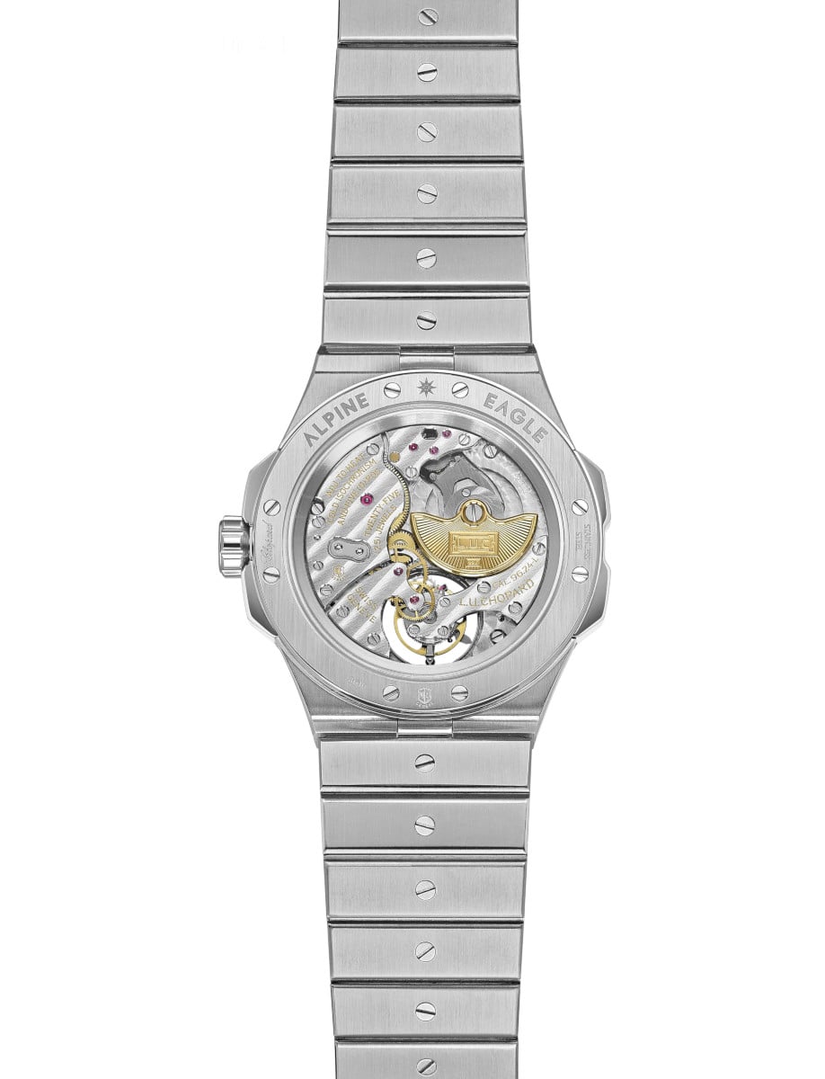 Back view of Chopard wristwatch with transparent caseback and stainless steel case and bracelet
