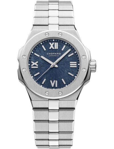 Chopard wristwatch with stainless steel case and bracelet, and blue dial.