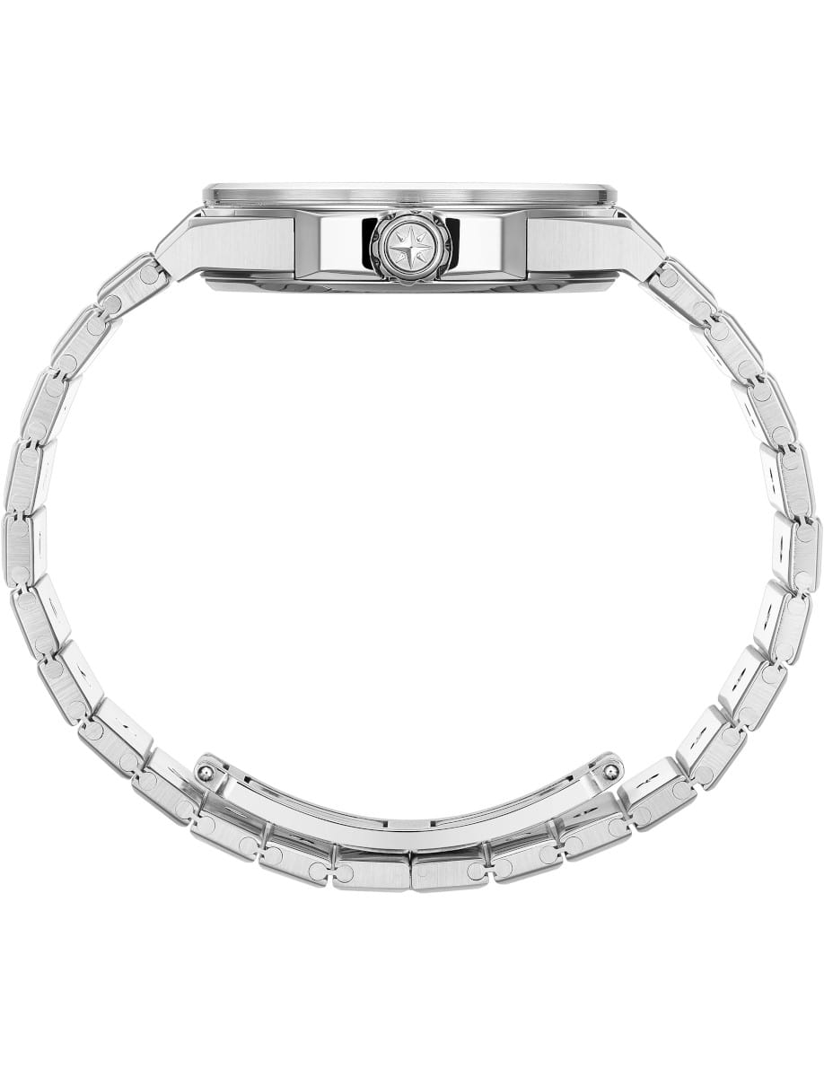 Side view of Chopard wristwatch with stainless steel case and bracelet.