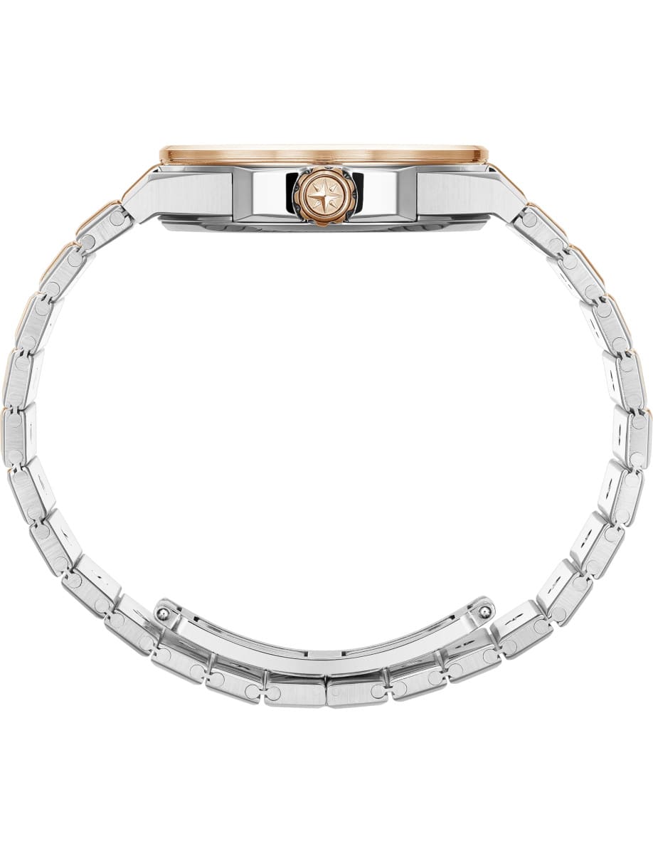 Side view of Chopard wristwatch with 18k rose gold and stainless steel case and bracelet