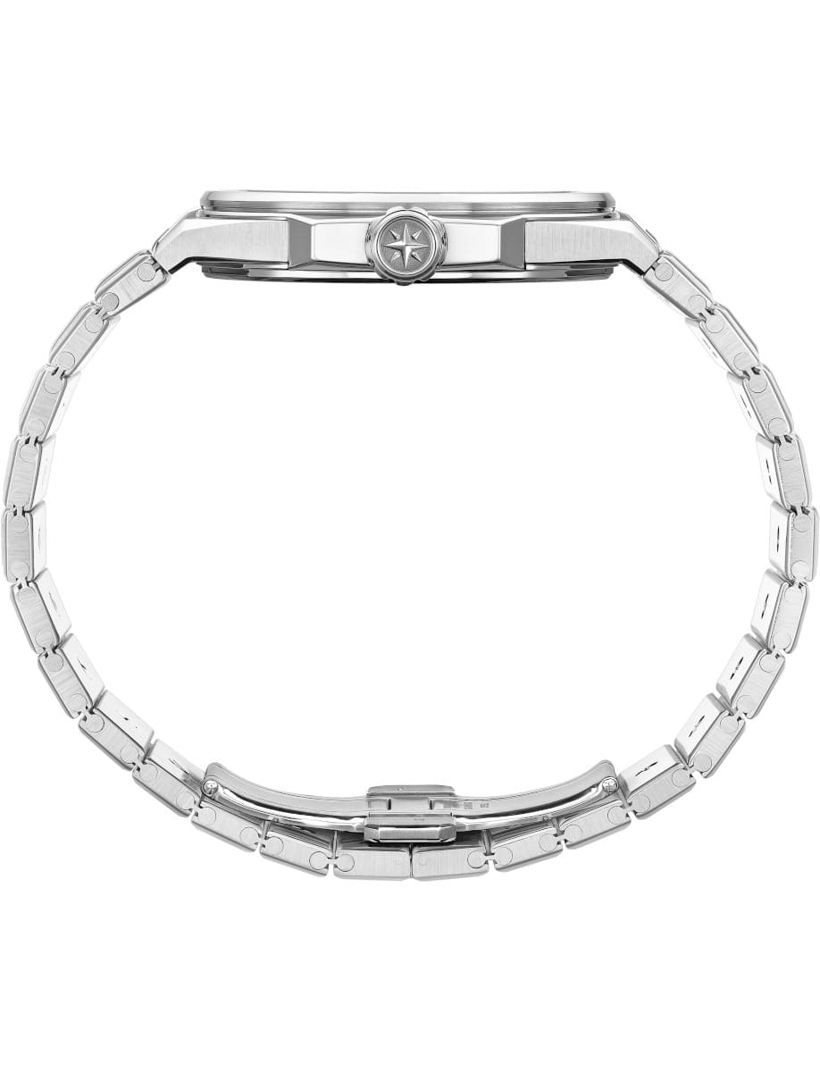 Side view of Chopard wristwatch with stainless steel case and bracelet.