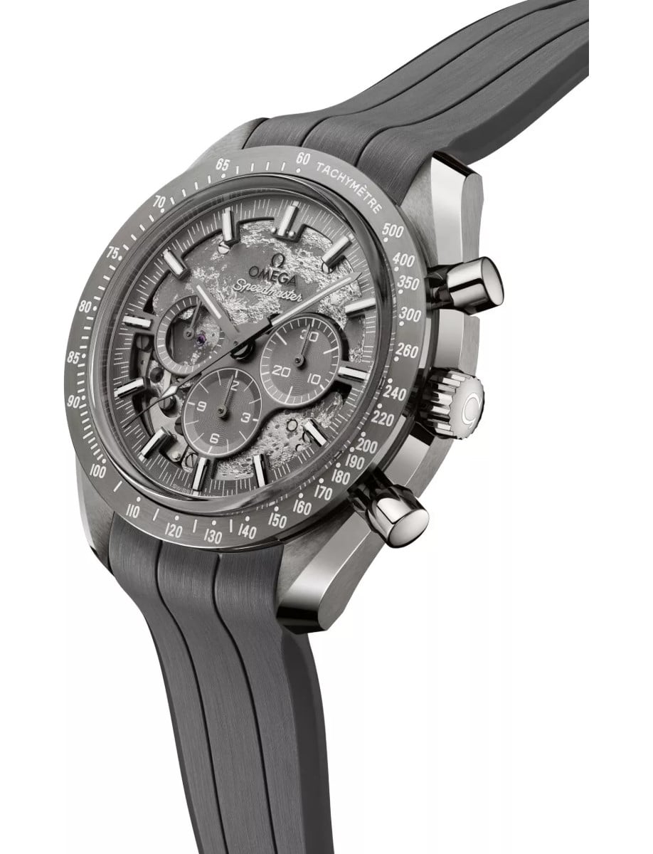 Side view of Omega wristwatch with grey ceramic case, grey dial and grey rubber strap