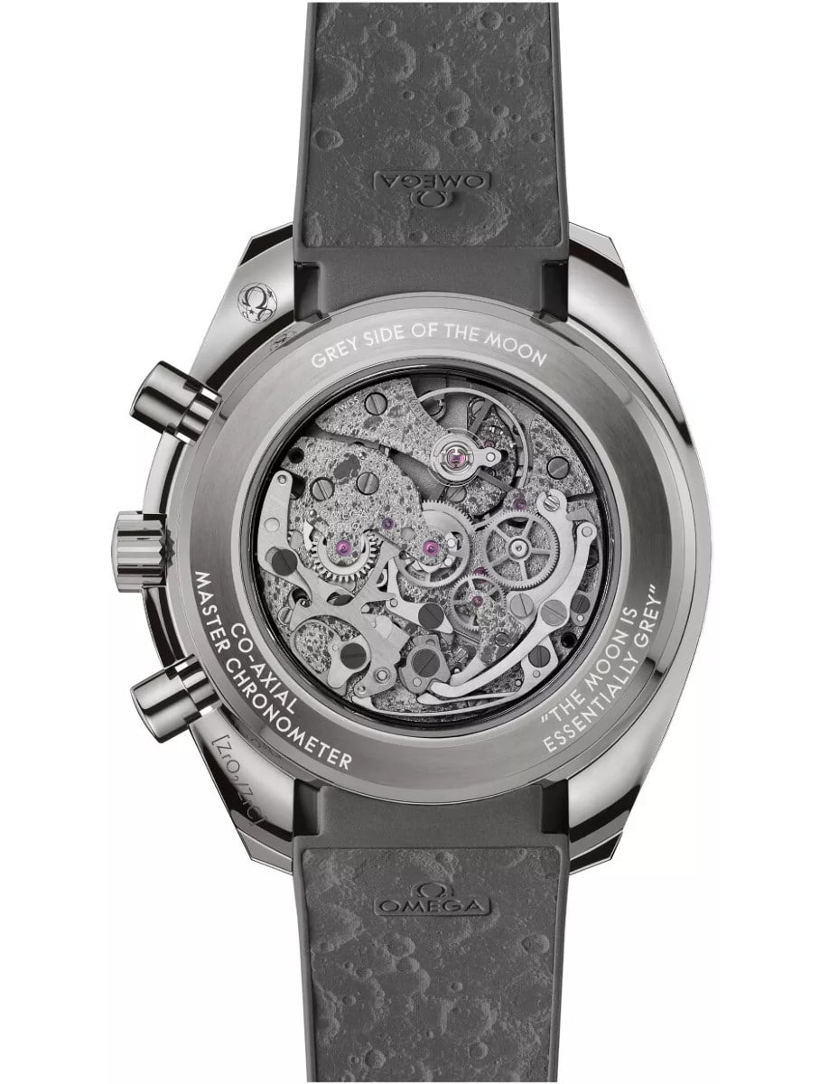 Back view of Omega wristwatch with grey ceramic case and gray rubber strap