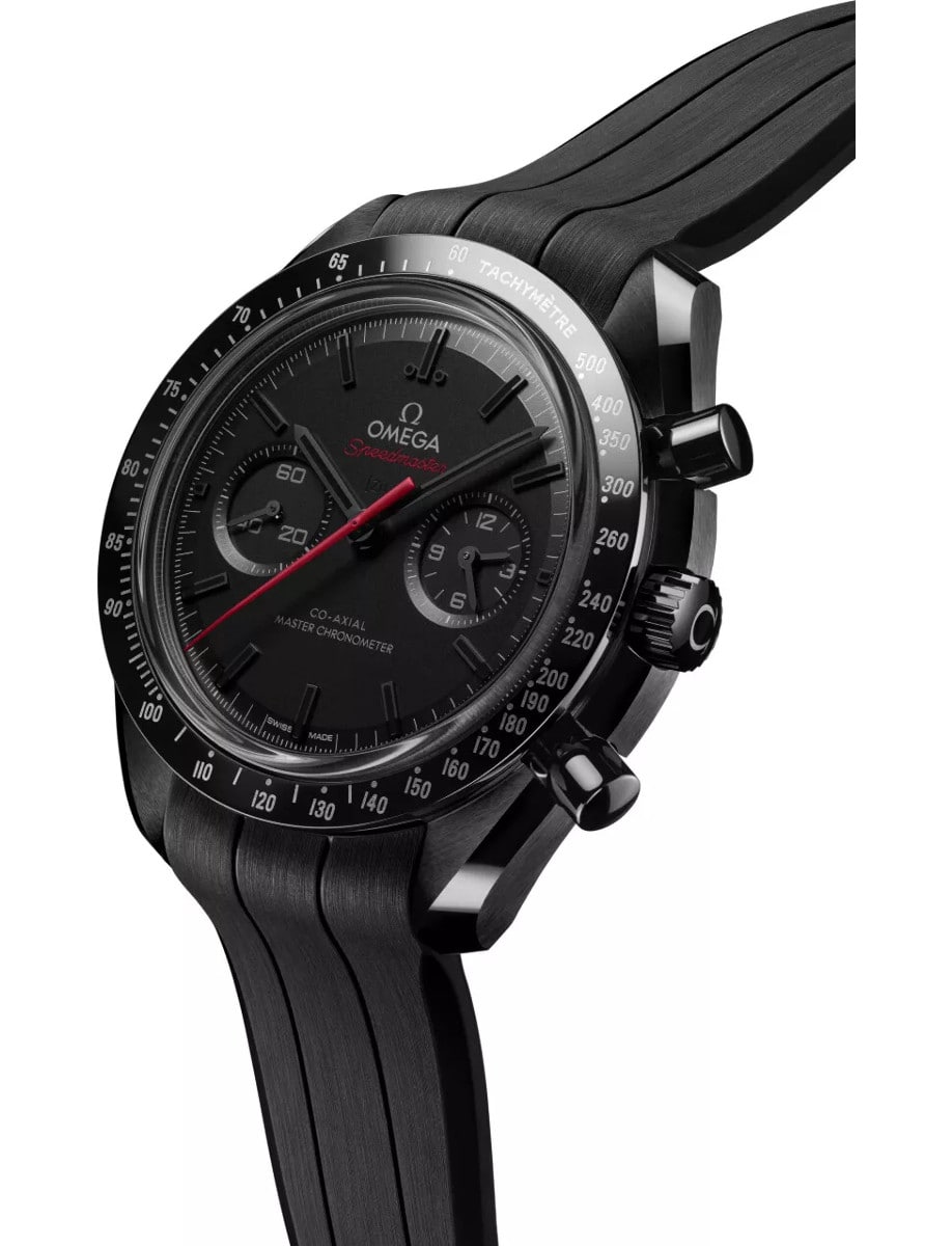 Side view of Omega wristwatch with black ceramic, black dial and black rubber strap