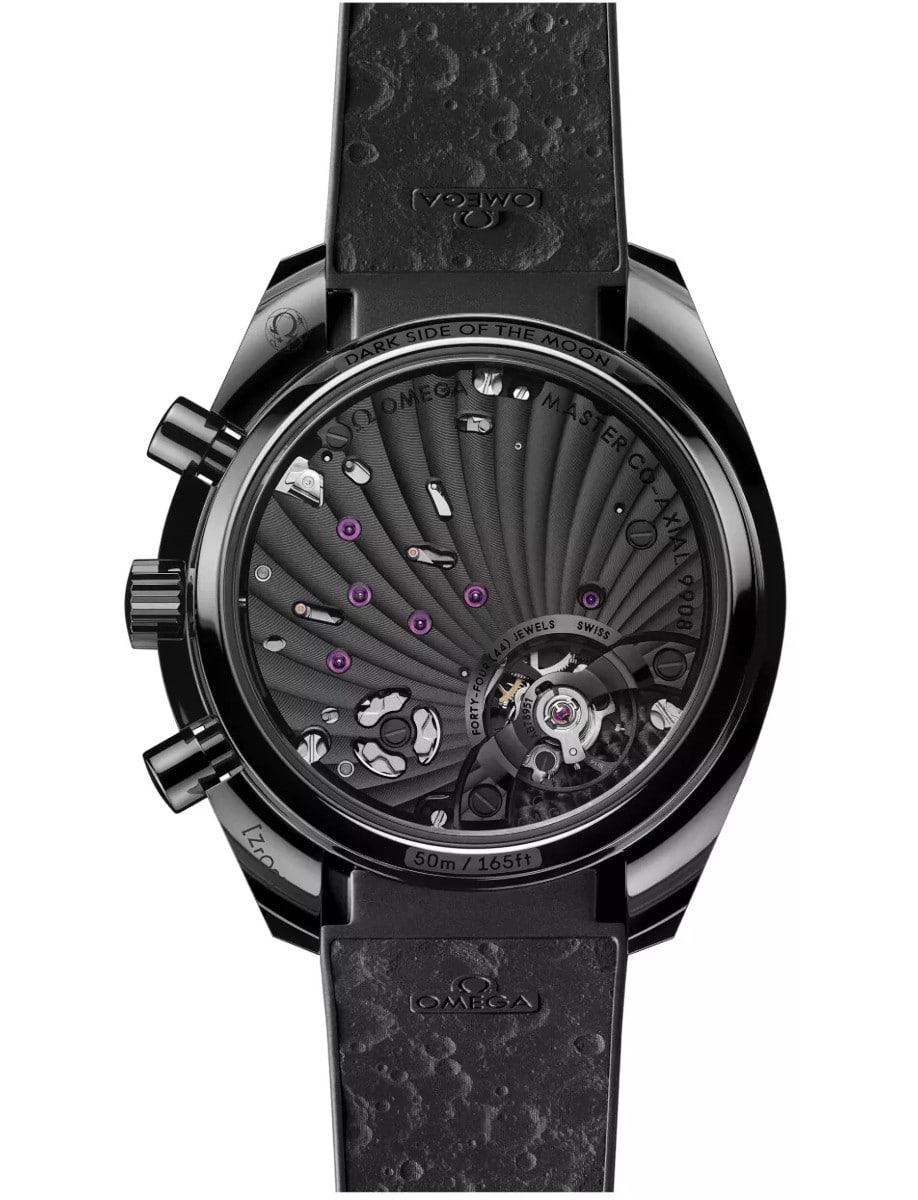 Back view of Omega wristwatch with black ceramic case and black rubber strap