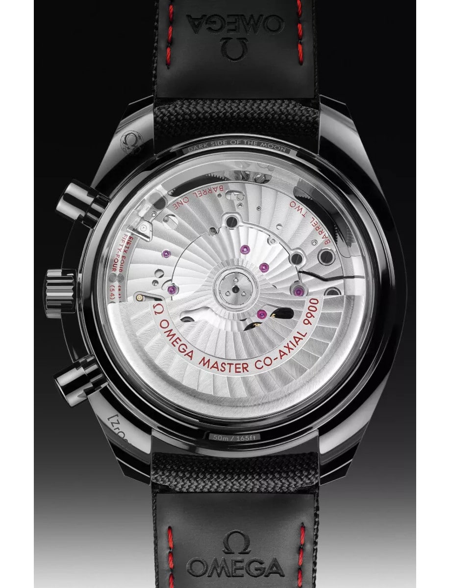 Back view of Omega wristwatch with ceramic case and black nylon fabric strap