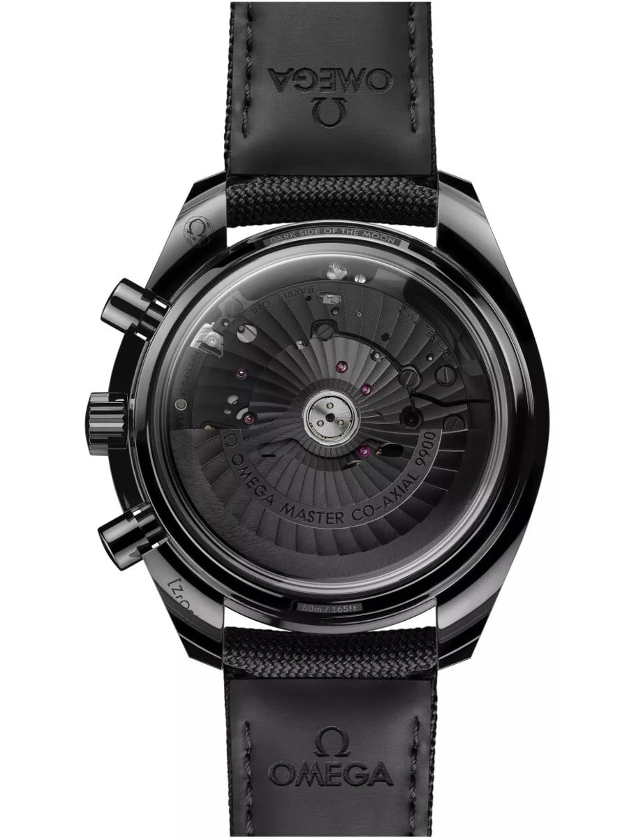 Back view of Omega wristwatch with ceramic case and black nylon fabric strap