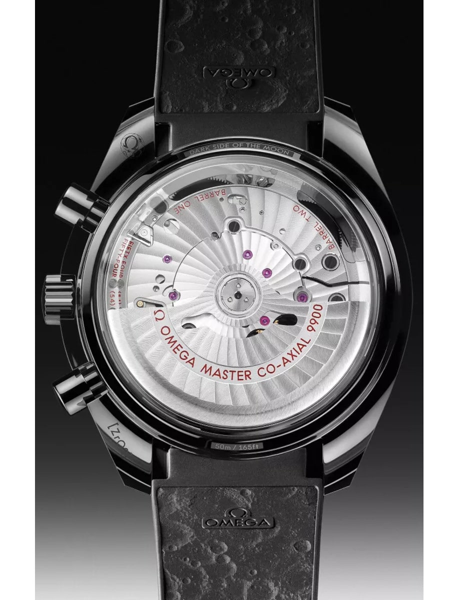 Back view of Omega wristwatch with ceramic case and rubber strap