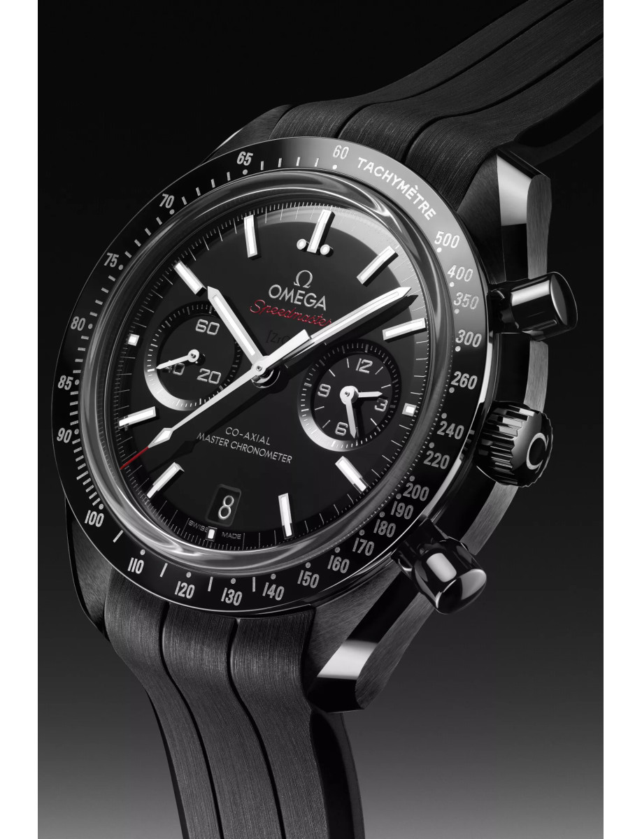 Side view of Omega wristwatch with black ceramic case, black dial and black rubber strap