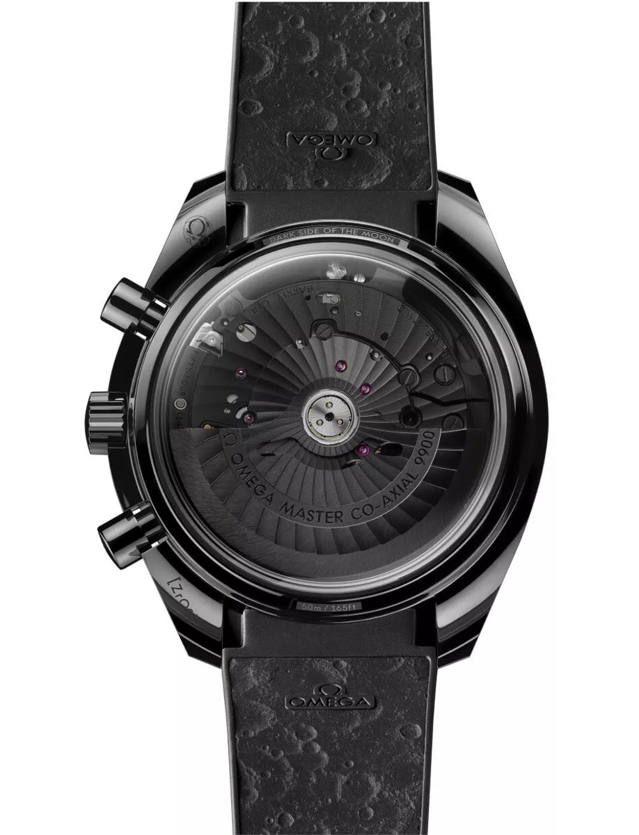 Back view of Omega wristwatch with ceramic case and black rubber strap